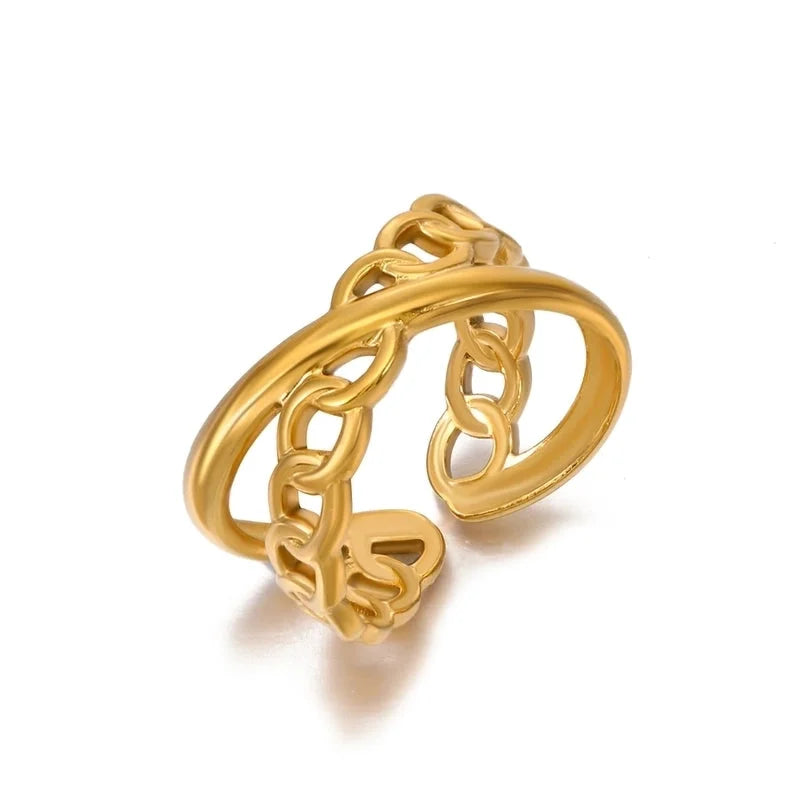 IG Style Leaves Solid Color Lines 304 Stainless Steel 18K Gold Plated Open Rings In Bulk