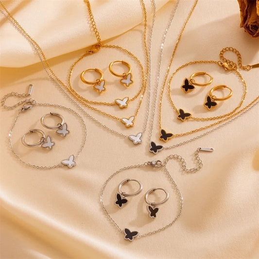 Elegant Minimalist Butterfly Titanium Steel Acrylic 18K Gold Plated Inlay Bracelets Earrings Necklace