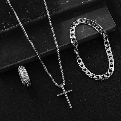 Tem Hot Hip Hop Cuban Chain Cross Necklace Bracelet Ring 3 Piece Set Suit In Stock