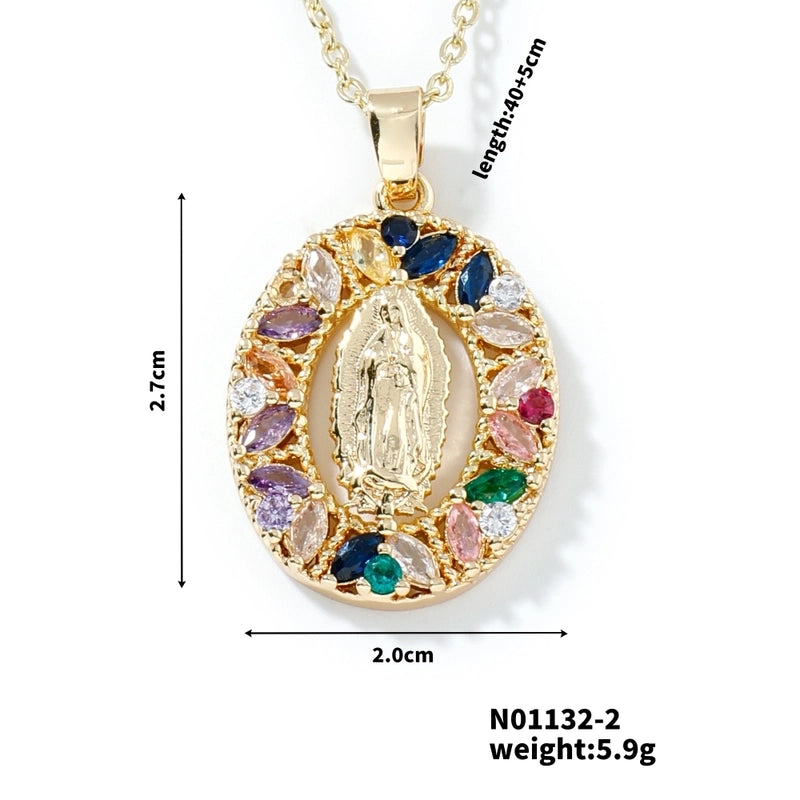 Vintage Style Classic Style Geometric Round Virgin Mary 304 Stainless Steel Copper Zircon K Gold Plated Inlay Pendant Necklace