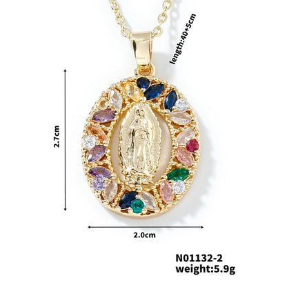 Vintage Style Classic Style Geometric Round Virgin Mary 304 Stainless Steel Copper Zircon K Gold Plated Inlay Pendant Necklace