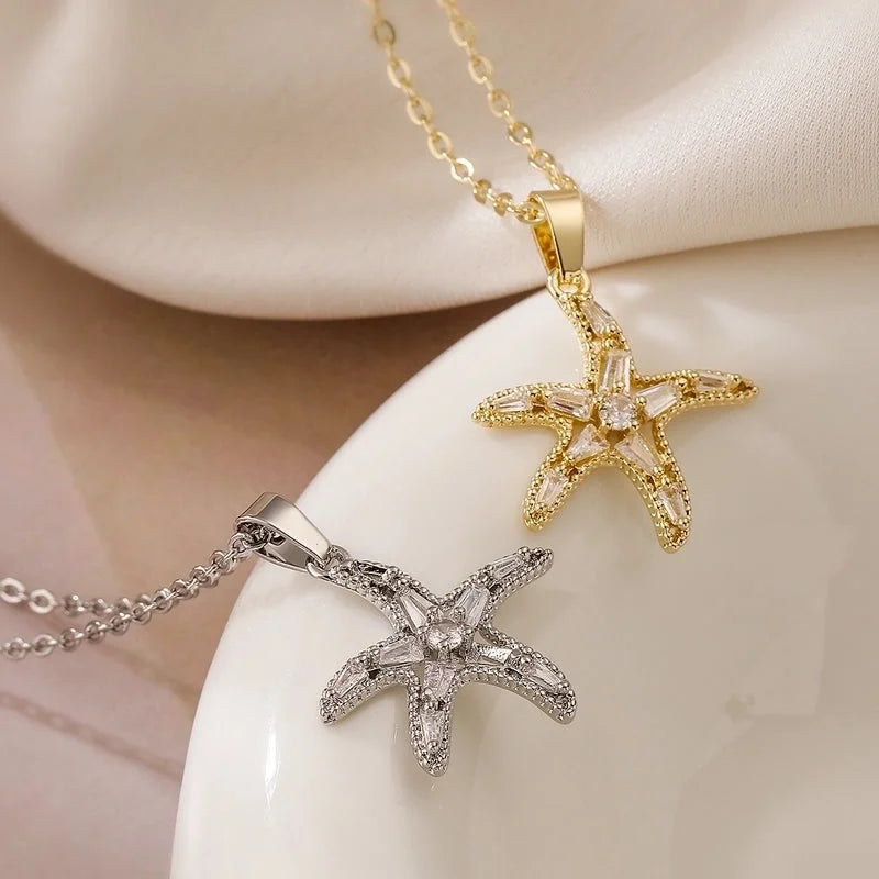 Copper 18K Gold Plated Beach Minimalist Commute Plating Inlay Starfish Zircon Pendant Necklace