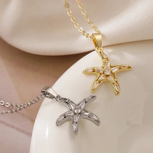 Copper 18K Gold Plated Beach Minimalist Commute Plating Inlay Starfish Zircon Pendant Necklace