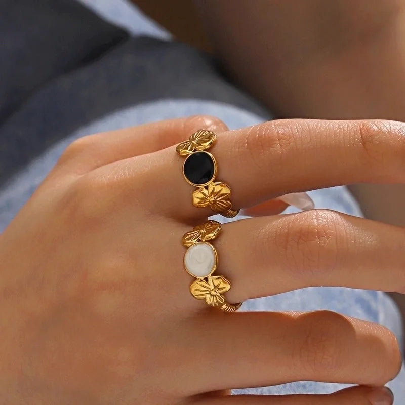 304 Stainless Steel 18K Gold Plated Minimalist Enamel Flower Open Rings