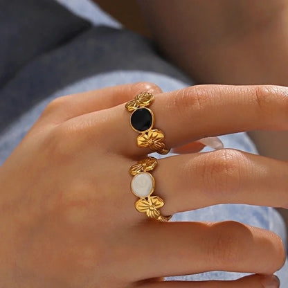 304 Stainless Steel 18K Gold Plated Minimalist Enamel Flower Open Rings