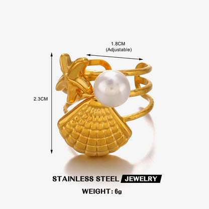 Beach Starfish Shell 304 Stainless Steel Artificial Pearls Amazonite 18K Gold Plated Inlay Rings Earrings