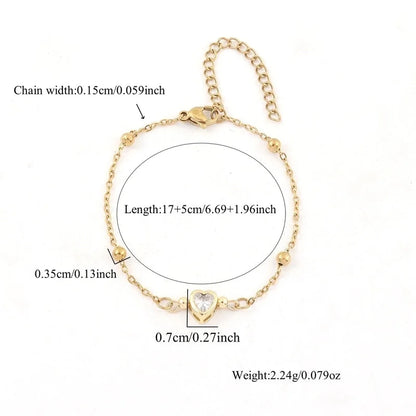 Elegant Minimalist Classic Style Heart Shape 201 Stainless Steel Copper Zircon Cable Chain Bracelets In Bulk