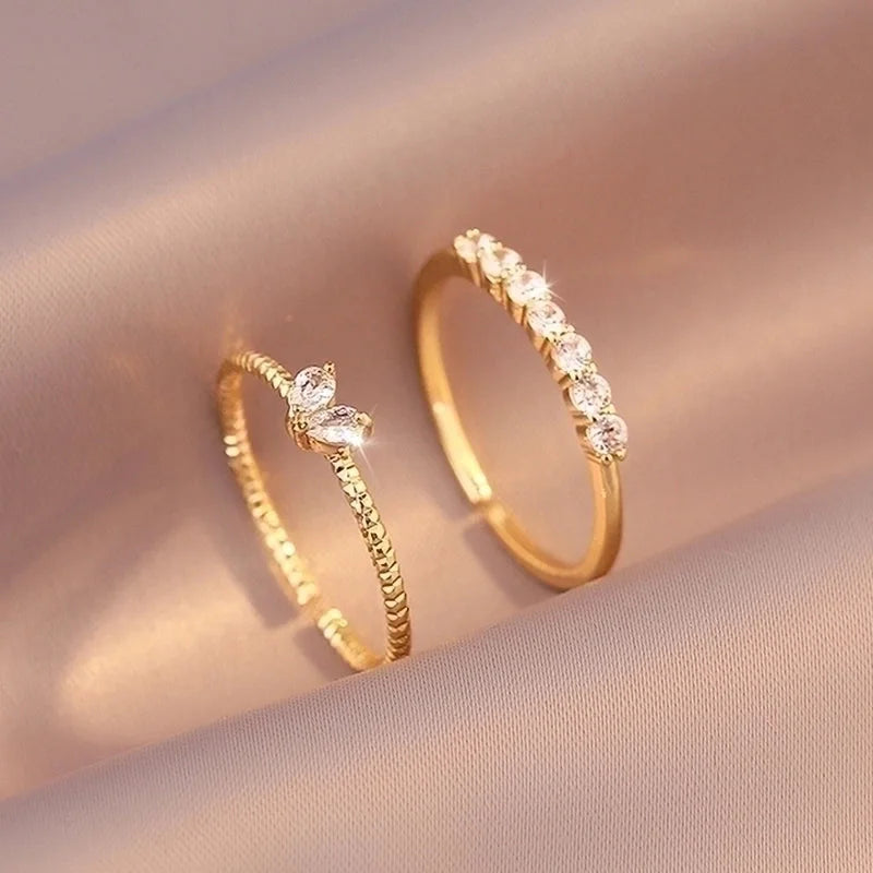 2 Pieces Korean Style Round Stainless Steel Zircon Open Ring