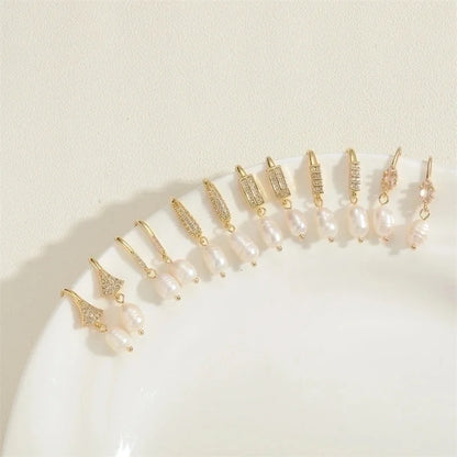 1 Pair Sweet Minimalist Water Droplets Plating Inlay Freshwater Pearl Copper Zircon 14k Gold Plated Ear Hook