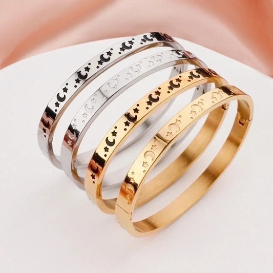 Vintage Style Star Moon Stainless Steel Titanium Steel Gold Plated Bangle In Bulk