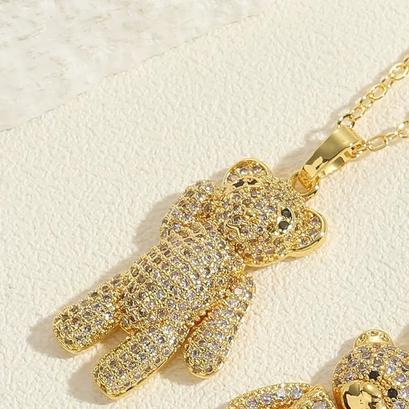Vintage Style Minimalist Little Bear Stainless Steel Copper 14k Gold Plated Zircon Pendant Necklace In Bulk