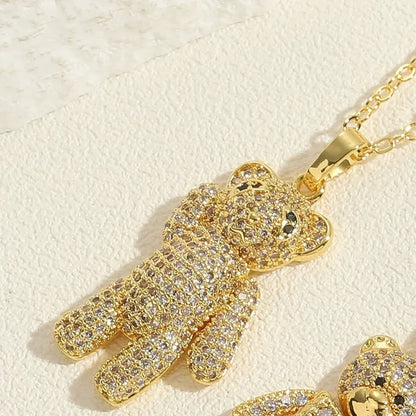 Vintage Style Minimalist Little Bear Stainless Steel Copper 14k Gold Plated Zircon Pendant Necklace In Bulk