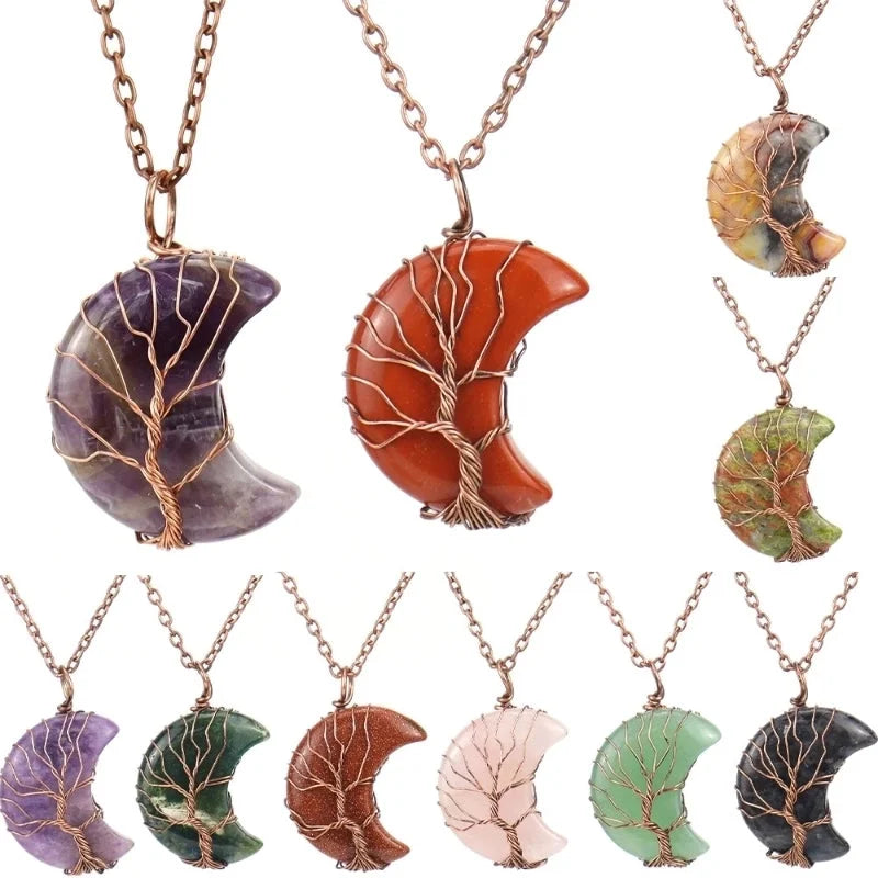 Minimalist Moon Tree Natural Stone Copper Pendant Necklace In Bulk