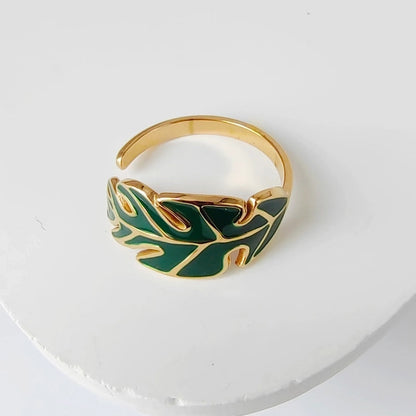 3 Pieces Casual Minimalist Leaves Eye 304 Stainless Steel 18K Gold Plated Enamel Hollow Out Open Rings