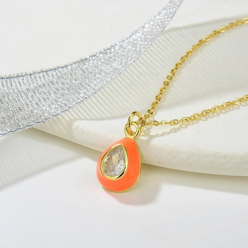 Copper Enamel Inlay Water Droplets Zircon Pendant Necklace