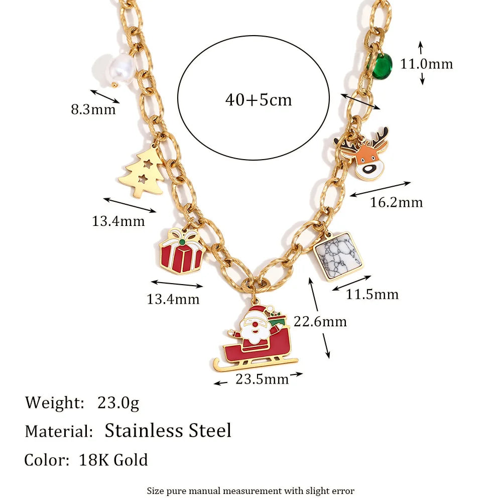 Fashionable Cute Cartoon Niche Pendant Stainless Steel Plated 18k Gold Splicing Handmade Chain Christmas Pendant Necklace