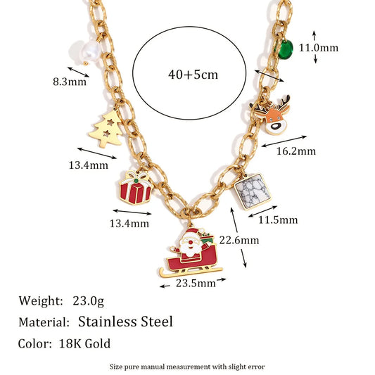 Fashionable Cute Cartoon Niche Pendant Stainless Steel Plated 18k Gold Splicing Handmade Chain Christmas Pendant Necklace