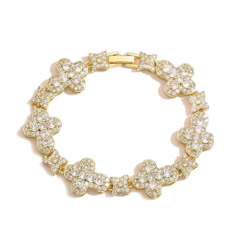 Elegant Shiny Cross Star Copper Zircon 18K Gold Plated Inlay Bracelets Necklace