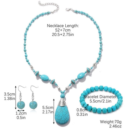 Ethnic Style Geometric Water Droplets Turquoise Metal Earrings Necklace