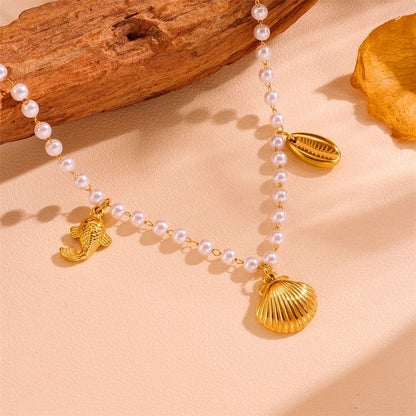 Cute Sweet Star Bow Knot Shell Titanium Steel Pearl 18K Gold Plated Hollow Out Inlay Pendant Necklace