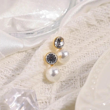 1 Pair Casual Sweet Minimalist Round Inlay 304 Stainless Steel Pearl Zircon 14K Gold Plated Ear Studs