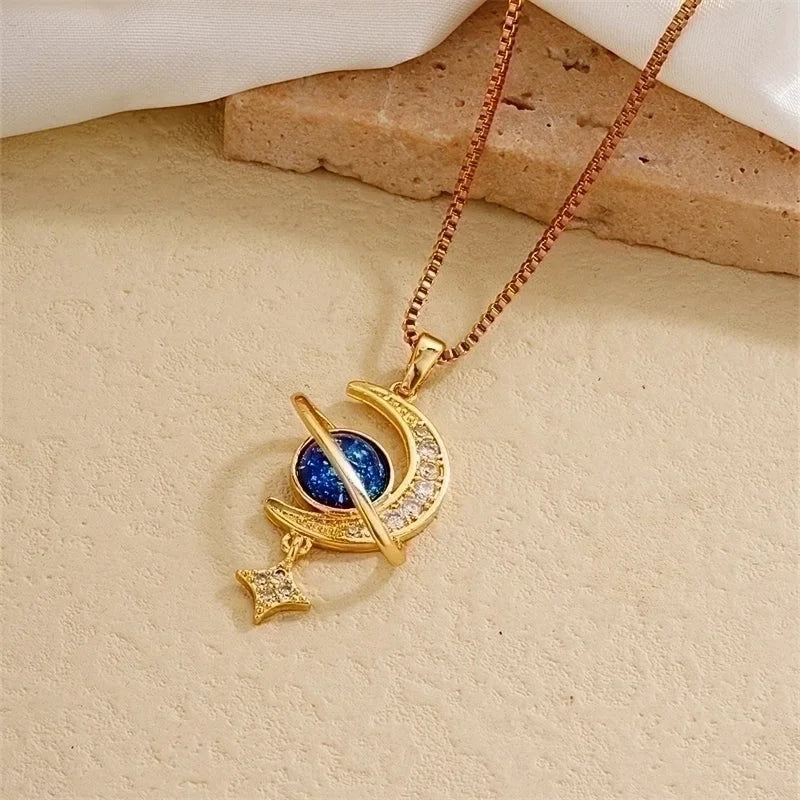 IG Style Minimalist Universe Starry Sky 304 Stainless Steel Copper Plating Inlay Gold Plated Zircon Charms Necklace