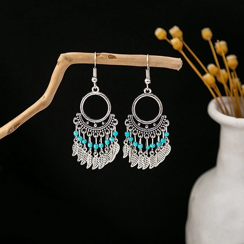 Bohemian Blue Turquoise National Style Earrings Imitation Miao Silver Metal Earrings Vintage Tassel Earrings