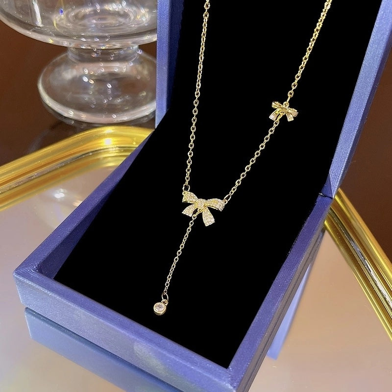 Elegant Classic Style Geometric Moon Bow Knot Titanium Steel Zircon Pendant Necklace