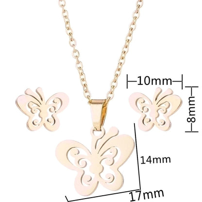 Fashion Heart Shape Butterfly Elephant 201 Stainless Steel 18K Gold Plated Earrings Necklace