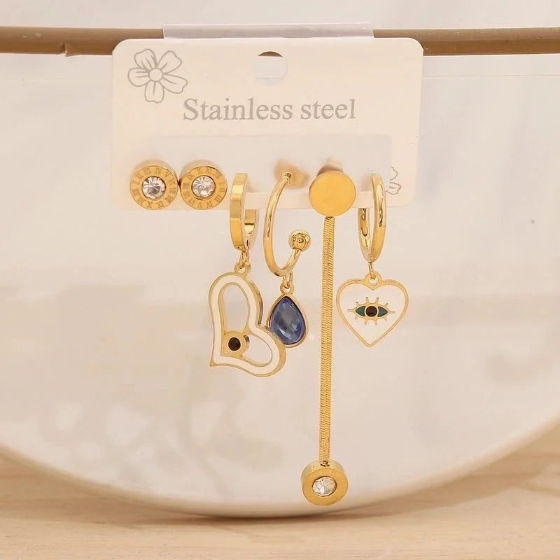 1 Set Elegant Minimalist Star Heart Shape Bow Knot 304 Stainless Steel Titanium Steel Glass Zircon 18K Gold Plated Drop Earrings