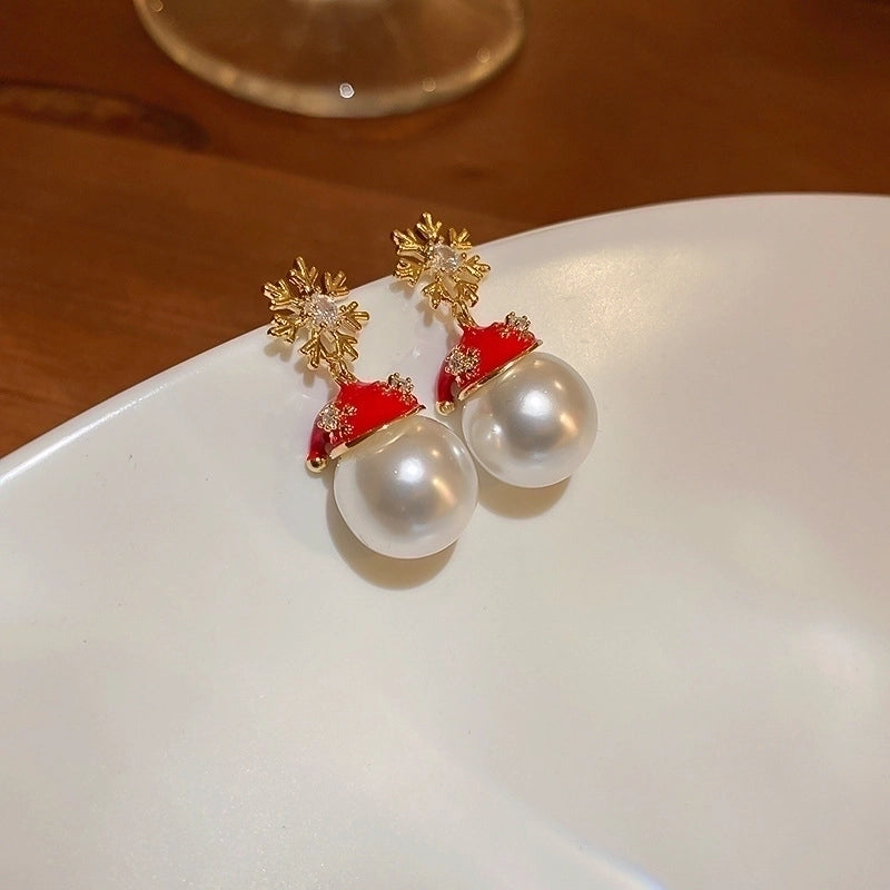 1 Pair Christmas Cute Christmas Hat Gold Plated Copper Artificial Pearls Zircon Ear Studs