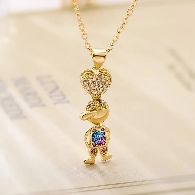 Minimalist Commute Human Heart Shape Copper Plating Inlay Zircon 18k Gold Plated Pendant Necklace