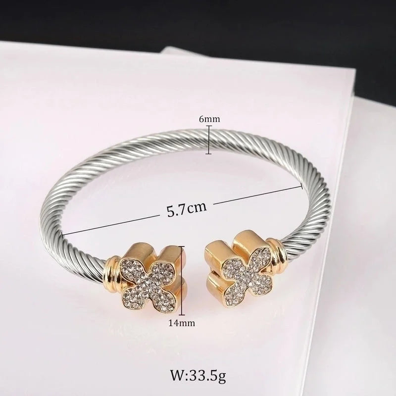 Retro Flower Stainless Steel Natural Stone Rhinestones Bangle In Bulk