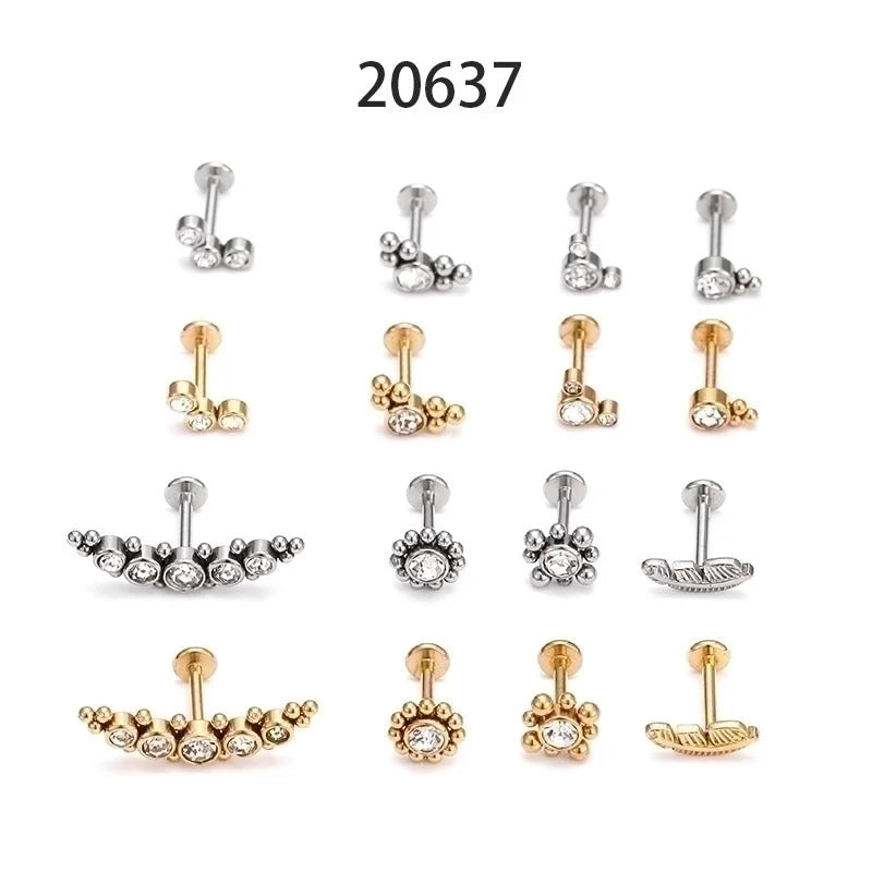 Fashion Leaf Round Stainless Steel Inlaid Zircon Eyebrow Nails Ear Studs 1 Piece