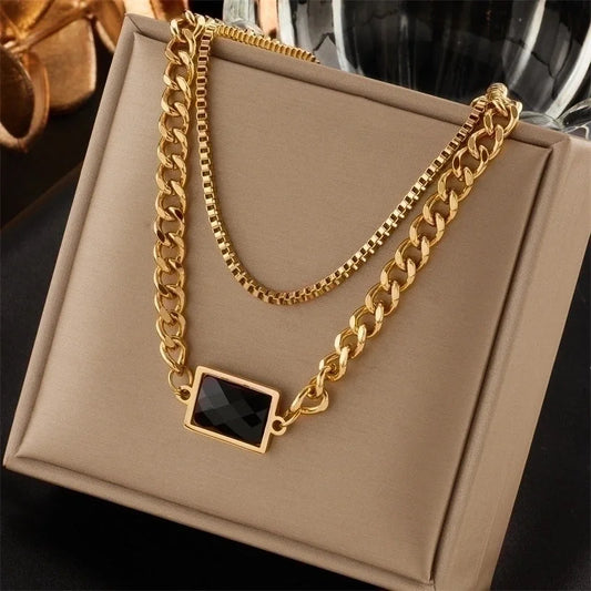Stainless Steel 18K Gold Plated Minimalist Gold Plated Square Glass Layered Necklaces
