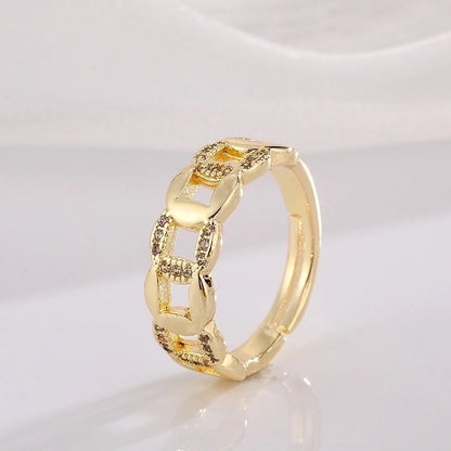 Classic Style Geometric Copper Plating Inlay Zircon 18k Gold Plated Open Ring