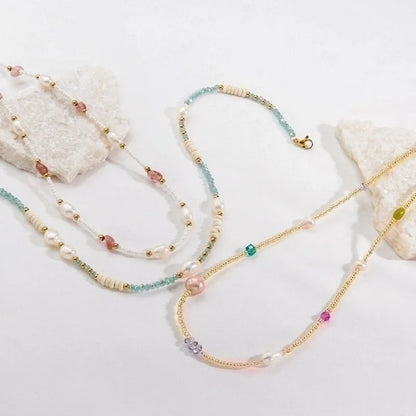 2 Pieces Casual Vacation Round Stainless Steel Beaded Freshwater Pearl Beaded Plating Necklace