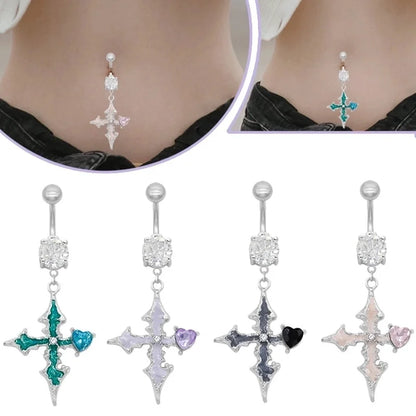 1 Piece Belly Rings Novelty Cross Heart Shape 316 Stainless Steel Alloy Epoxy Plating Rhinestones Glass White Gold Plated