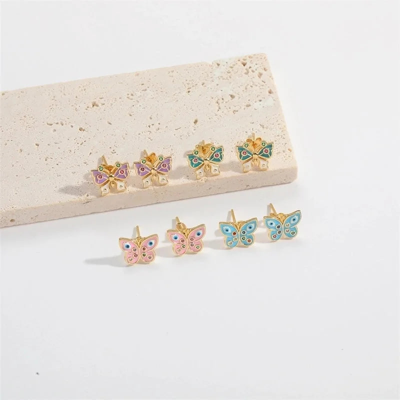 1 Pair Elegant Minimalist Commute Eye Butterfly Enamel Inlay Copper Zircon 14K Gold Plated Ear Studs