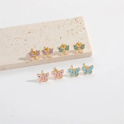 1 Pair Elegant Minimalist Commute Eye Butterfly Enamel Inlay Copper Zircon 14K Gold Plated Ear Studs