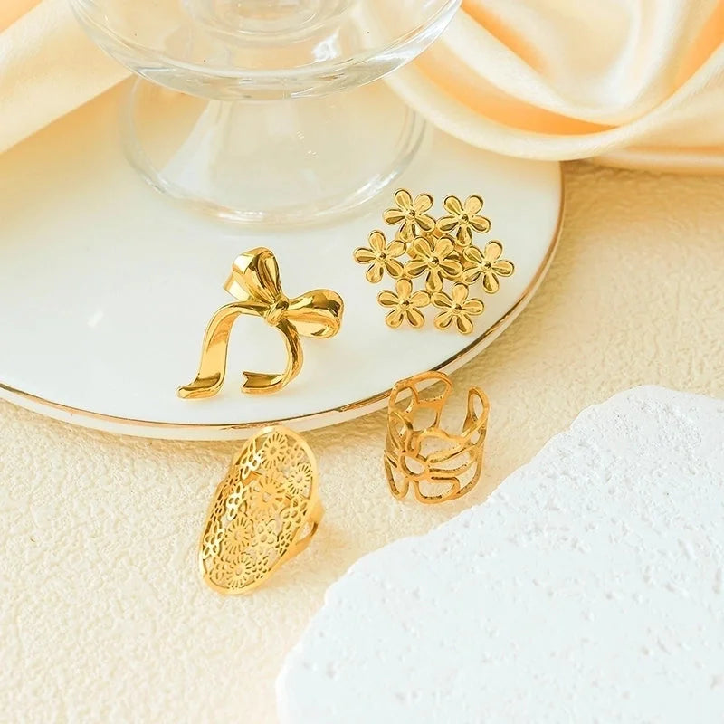 Elegant Romantic Artistic Flower Bow Knot 304 Stainless Steel 14K Gold Plated Hollow Out Open Rings