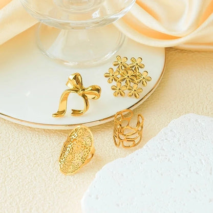 Elegant Romantic Artistic Flower Bow Knot 304 Stainless Steel 14K Gold Plated Hollow Out Open Rings