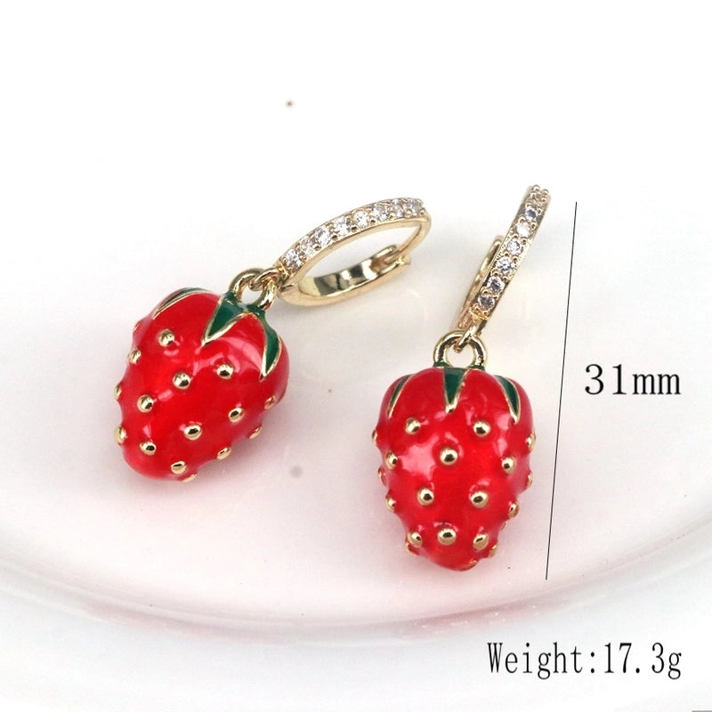 2 Pieces Cute Sweet Strawberry Enamel Plating Inlay Copper Zircon 18K Gold Plated Drop Earrings