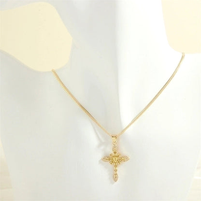 Minimalist Cross Copper 18k Gold Plated Zircon Pendant Necklace In Bulk