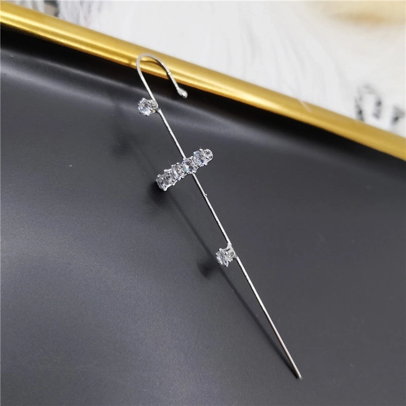 2 Pieces Trendy Zircon Ear Hook Piercing Ear Pin Female Net Red Personality Design Surrounding Ear Bone Clip Oblique Line Earrings