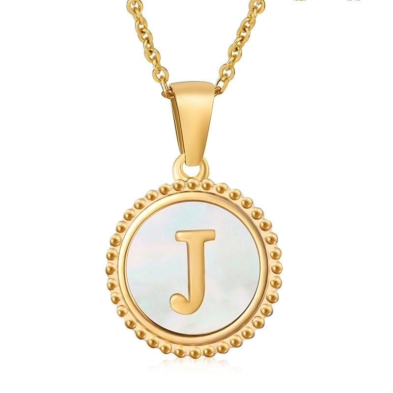 Minimalist Round Letter Stainless Steel Inlay Shell Pendant Necklace
