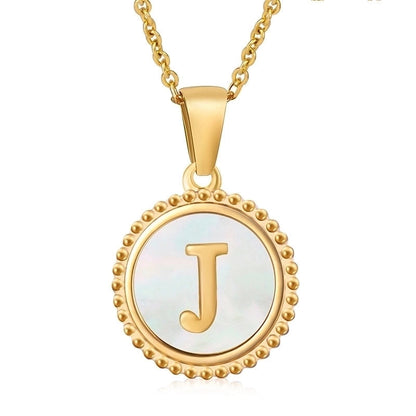 Minimalist Round Letter Stainless Steel Inlay Shell Pendant Necklace