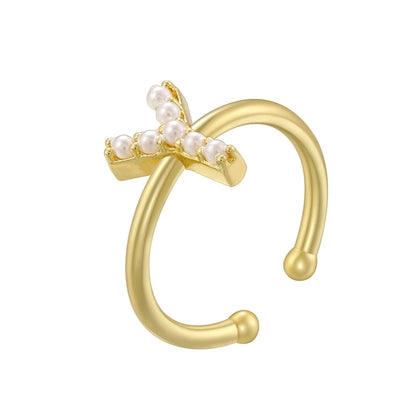 Copper 18K Gold Plated Plating Inlay Letter Artificial Pearls Open Rings