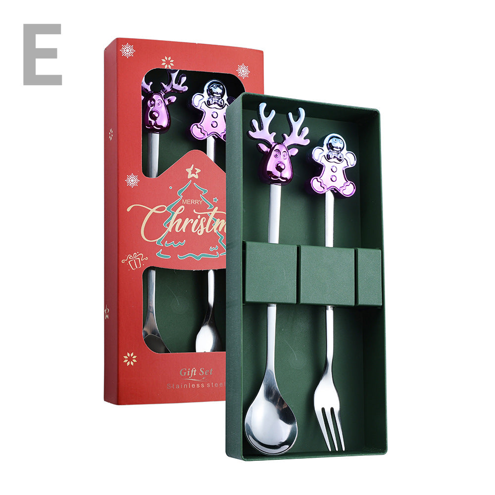 J Christmas Spoon Set Cartoon Colorful Santa Claus Christmas Tree Spoon Fork Coffee Dessert Spoon Gift Box