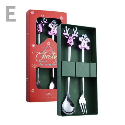 J Christmas Spoon Set Cartoon Colorful Santa Claus Christmas Tree Spoon Fork Coffee Dessert Spoon Gift Box